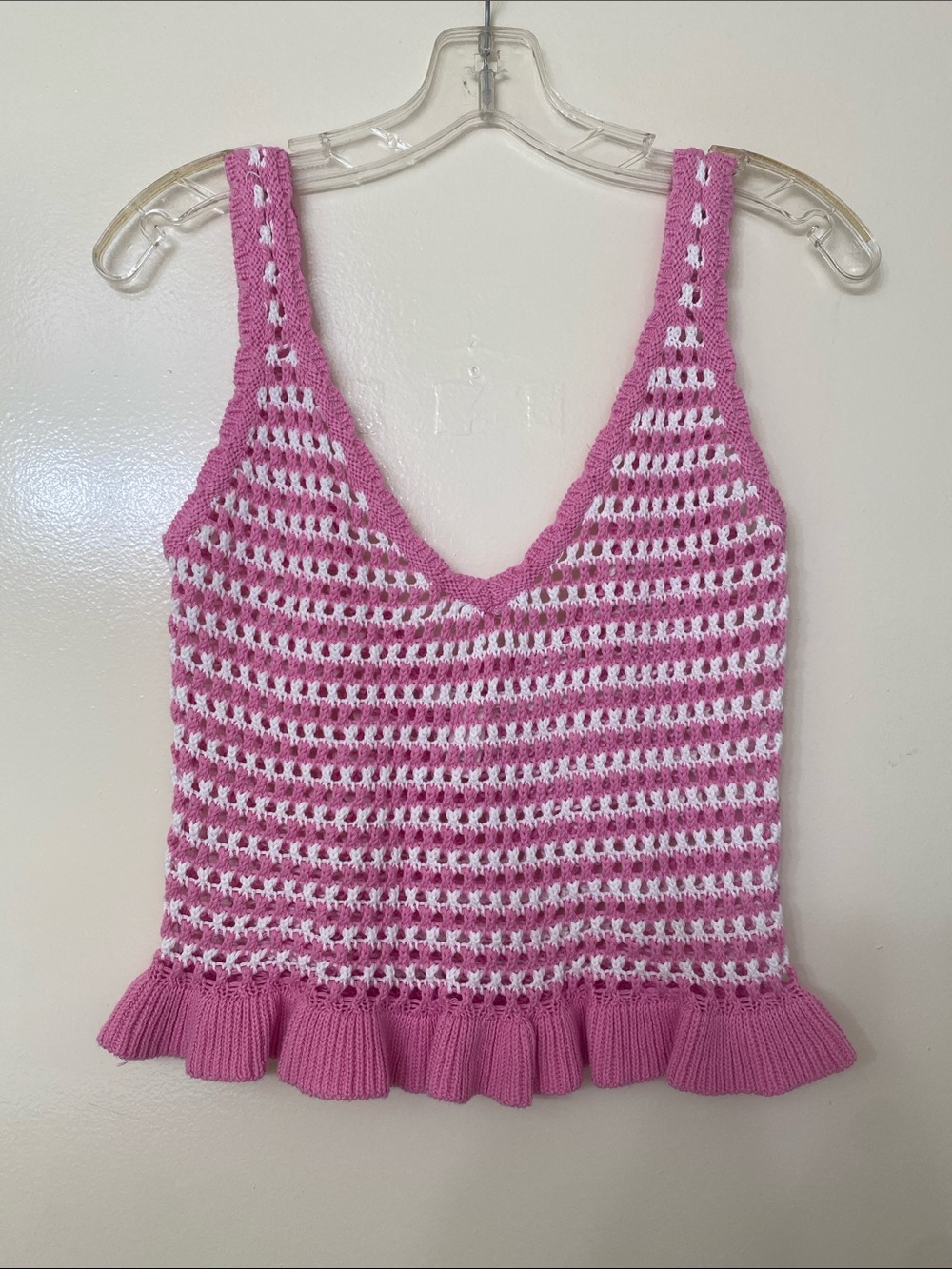 Full Tilt Pink and White Crochet Ruffle-Hem Camisole
